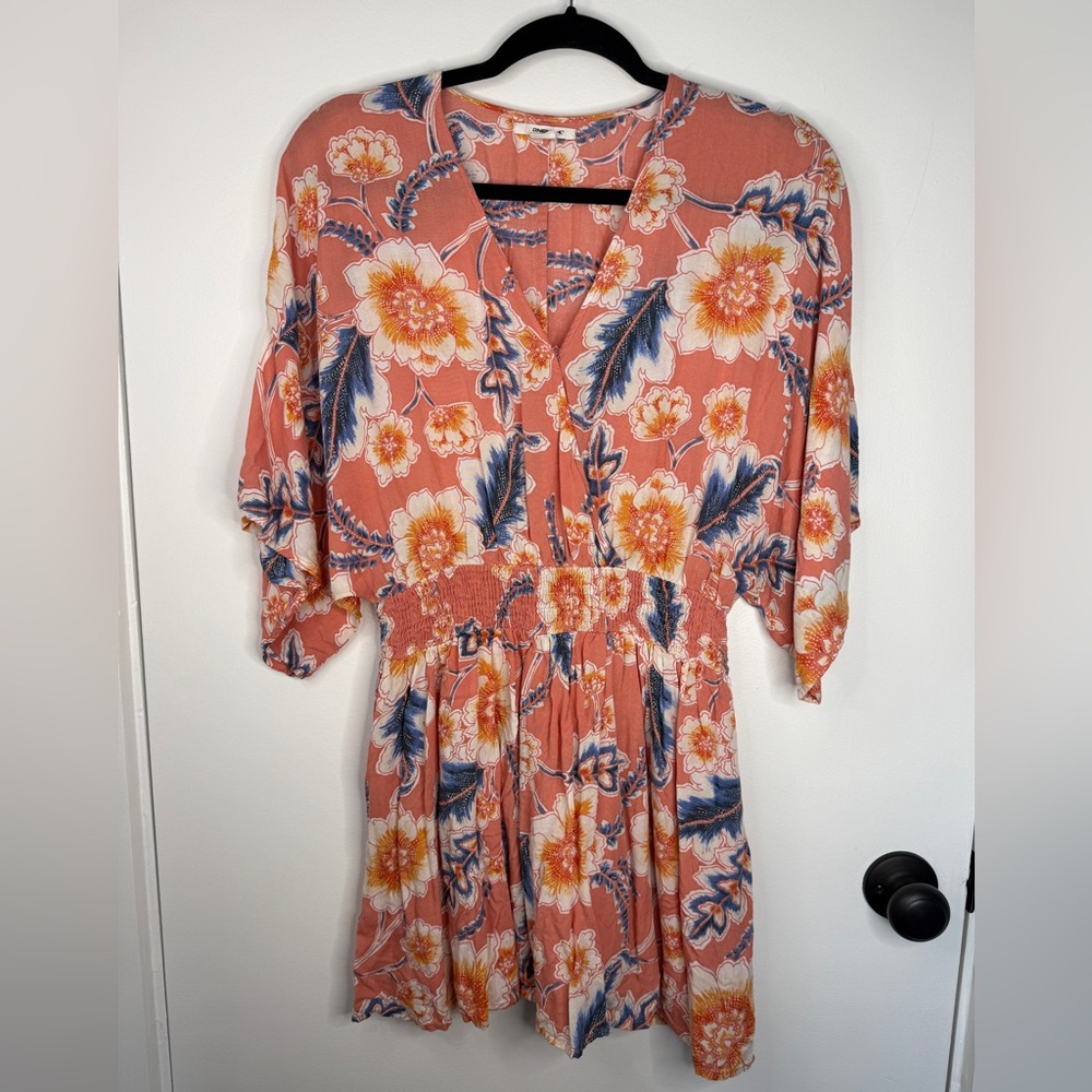 O’Neill Floral Mini Dress Small Peach Blue Yellow Tropical Kimono Sleeve Boho